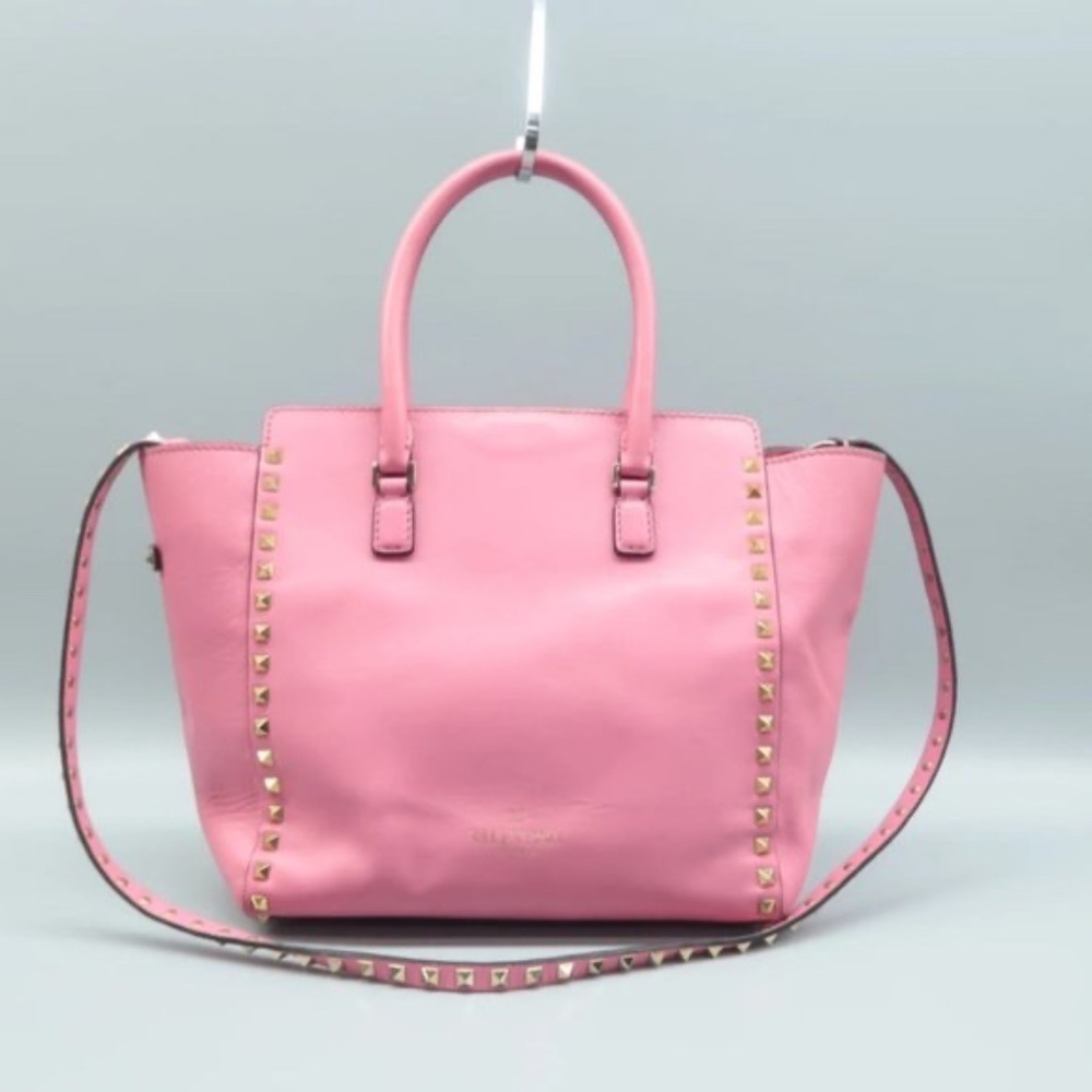 100% Authentic VALENTINO GARAVANI Rockstud Pink Leather Satchel Bag - Picture 3 of 12
